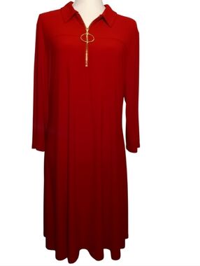 MSK Red Midi Shift Dress 3/4 sleeves Gold Front Zipper with Collar XL